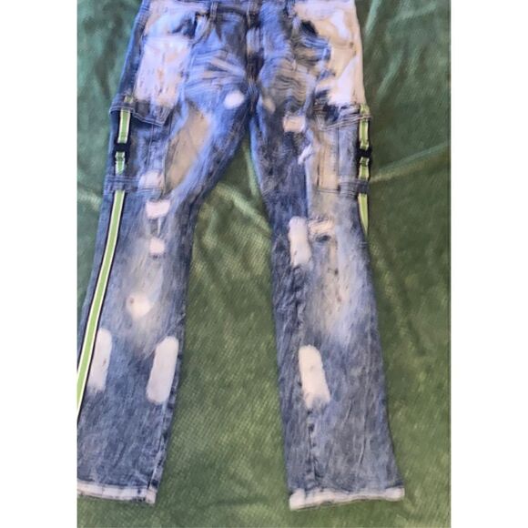 AHP Another Hype Piece super distressed fringed buckle paint splash stretch jean - Picture 2 of 13